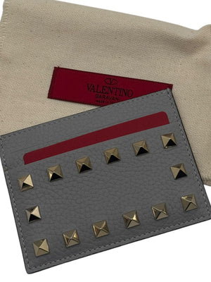 Valentino Garavani Rockstud Grey Leather Card Holder - NEW
