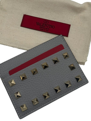 Valentino Garavani Rockstud Grey Leather Card Holder - NEW