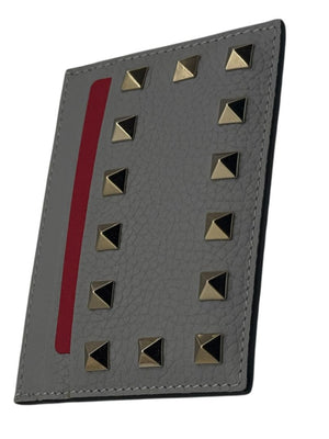 Valentino Garavani Rockstud Grey Leather Card Holder - NEW