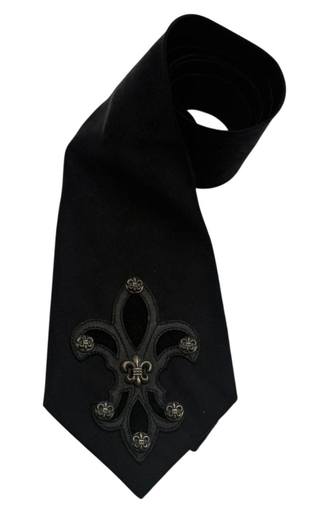Chrome Hearts Black Silk Fleur-de-Lis Sterling Silver Neck Tie – 4" x 59"