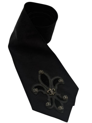 Chrome Hearts Black Silk Fleur-de-Lis Sterling Silver Neck Tie – 4" x 59"