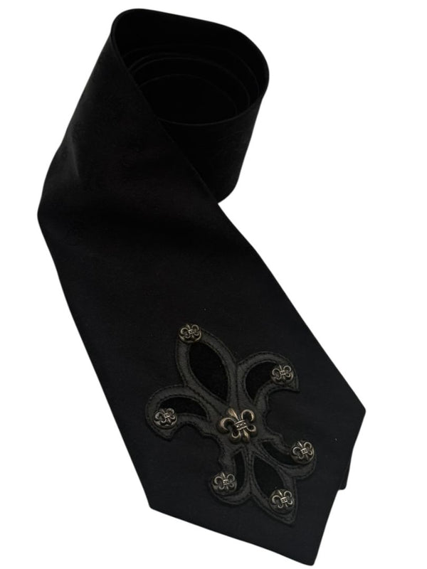 Chrome Hearts Black Silk Fleur-de-Lis Sterling Silver Neck Tie – 4" x 59"