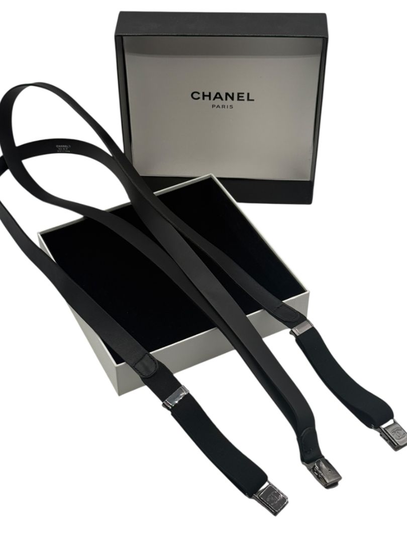 Chanel Black Leather CC Logo Suspenders – Adjustable – Made in France