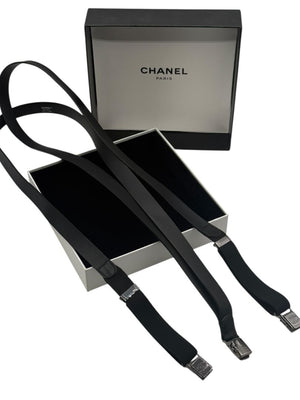 Chanel Black Leather CC Logo Suspenders – Adjustable – Made in France