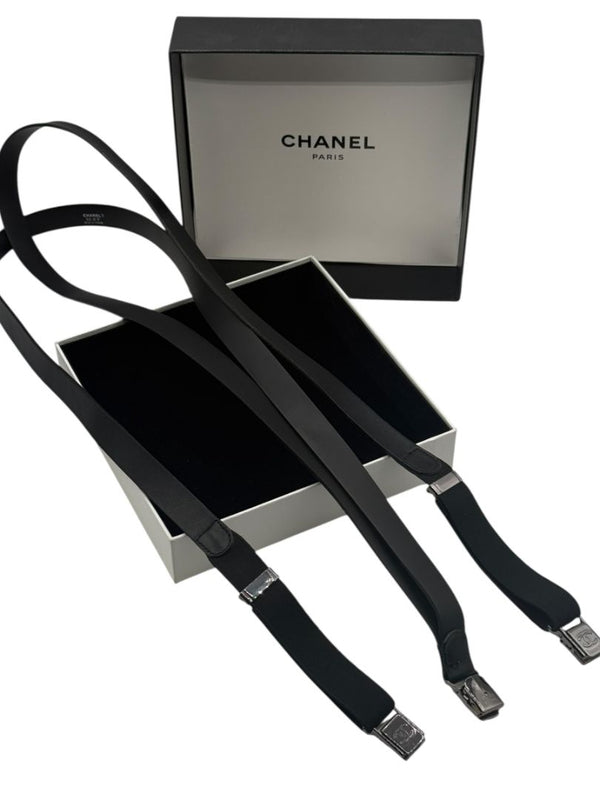 Chanel Black Leather CC Logo Suspenders – Adjustable – Made in France