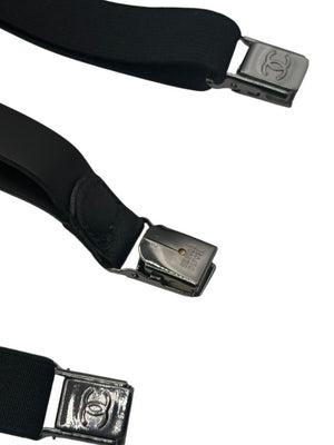 Chanel Black Leather CC Logo Suspenders – Adjustable – Made in France