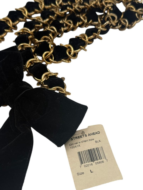 Black Velvet & Gold Chain Bow Belt – New With Tags 40"