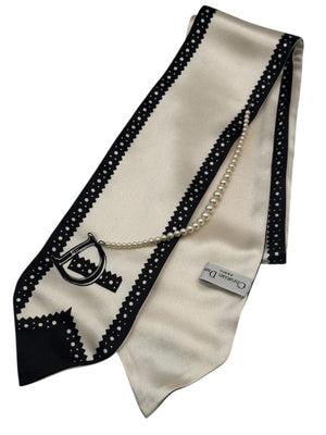 Christian Dior Ivory & Black Silk Pearl-Embellished Scarf