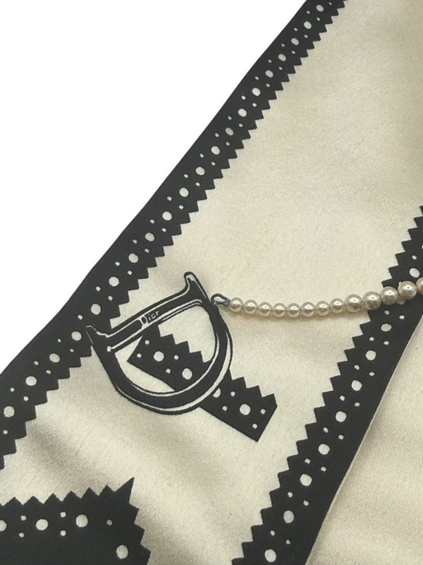 Christian Dior Ivory & Black Silk Pearl-Embellished Scarf