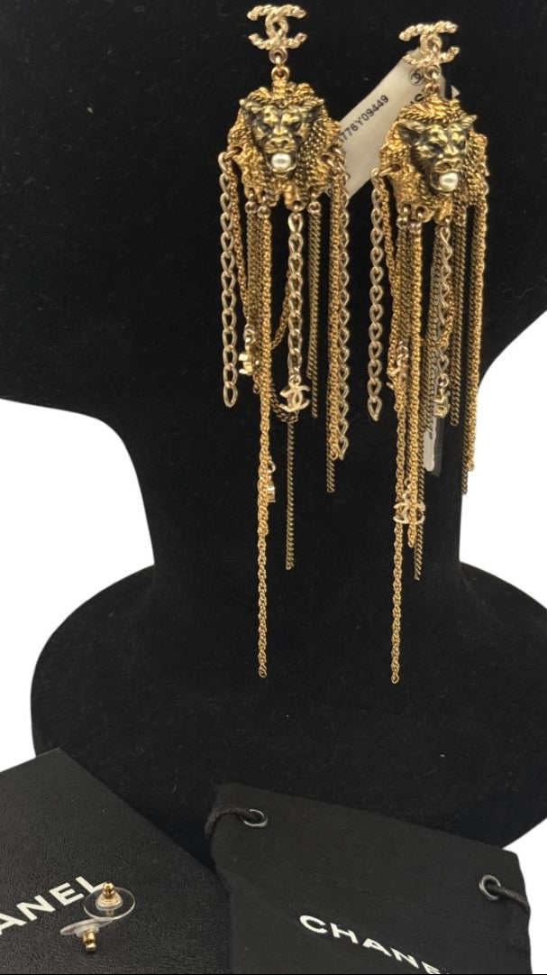 Chanel Lion Head Tassel Drop Earrings with Faux Pearl – Fall 2011 – 6.25"