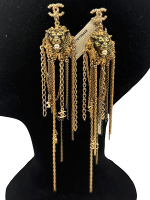 Chanel Lion Head Tassel Drop Earrings with Faux Pearl – Fall 2011 – 6.25"
