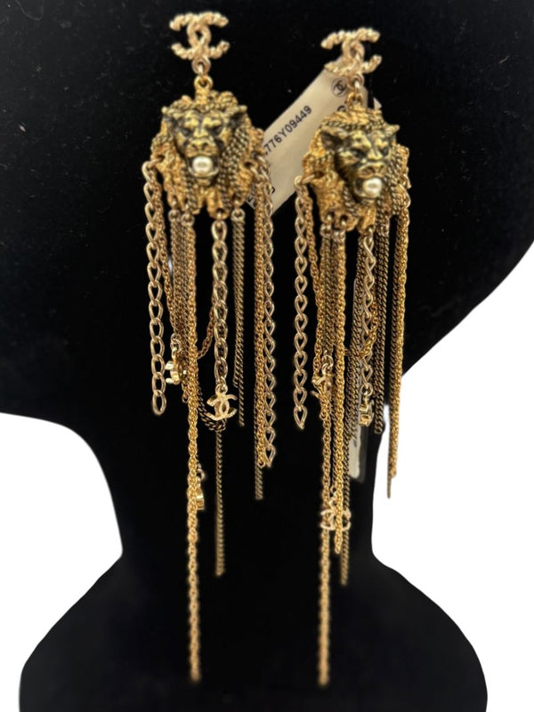 Chanel Lion Head Tassel Drop Earrings with Faux Pearl – Fall 2011 – 6.25"