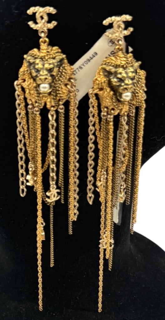 Chanel Lion Head Tassel Drop Earrings with Faux Pearl – Fall 2011 – 6.25"