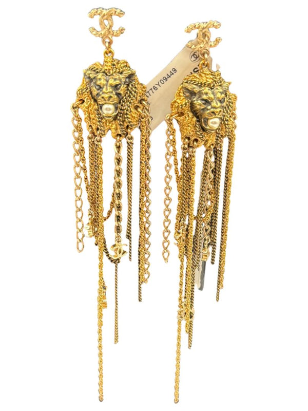 Chanel Lion Head Tassel Drop Earrings with Faux Pearl – Fall 2011 – 6.25"