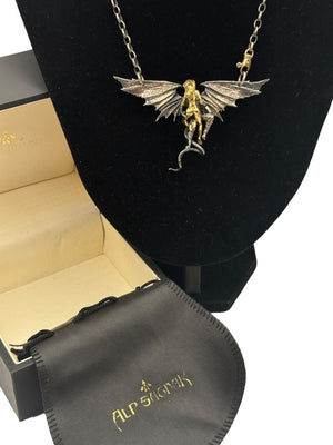 Alp Sagnak Angel & Devil Necklace with Spread Wings – 18K Gold, Oxidized Silver & Diamonds