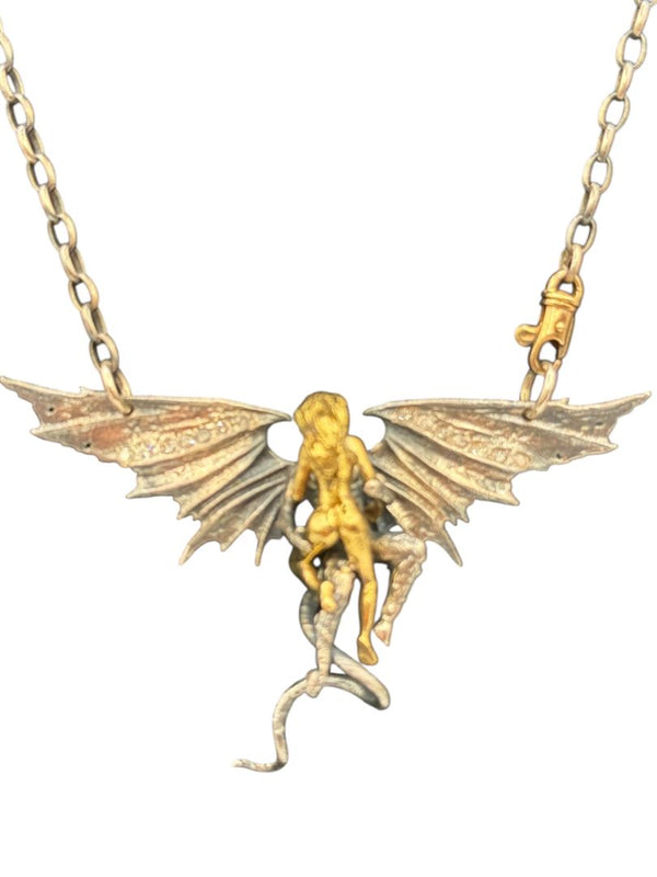 Alp Sagnak Angel & Devil Necklace with Spread Wings – 18K Gold, Oxidized Silver & Diamonds