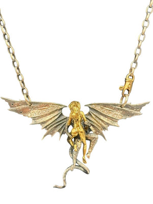 Alp Sagnak Angel & Devil Necklace with Spread Wings – 18K Gold, Oxidized Silver & Diamonds