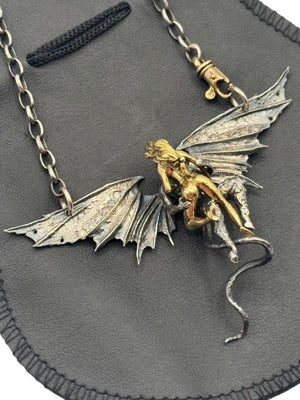 Alp Sagnak Angel & Devil Necklace with Spread Wings – 18K Gold, Oxidized Silver & Diamonds