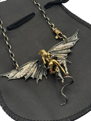 Alp Sagnak Angel & Devil Necklace with Spread Wings – 18K Gold, Oxidized Silver & Diamonds