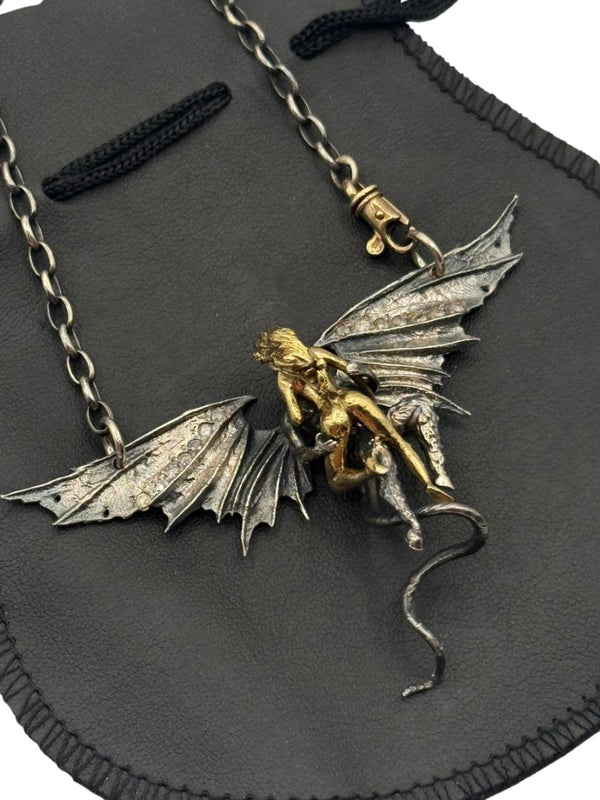 Alp Sagnak Angel & Devil Necklace with Spread Wings – 18K Gold, Oxidized Silver & Diamonds