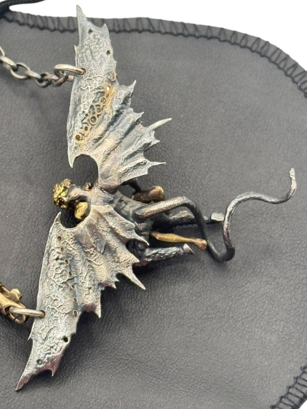 Alp Sagnak Angel & Devil Necklace with Spread Wings – 18K Gold, Oxidized Silver & Diamonds