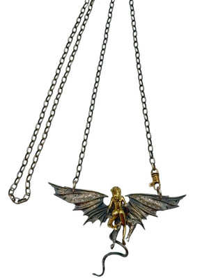 Alp Sagnak Angel & Devil Necklace with Spread Wings – 18K Gold, Oxidized Silver & Diamonds