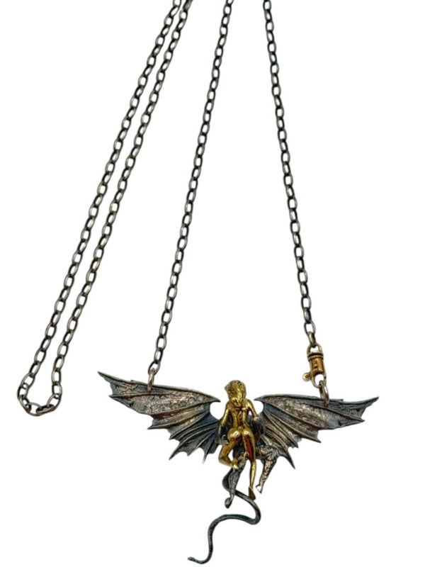 Alp Sagnak Angel & Devil Necklace with Spread Wings – 18K Gold, Oxidized Silver & Diamonds