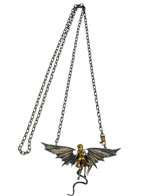 Alp Sagnak Angel & Devil Necklace with Spread Wings – 18K Gold, Oxidized Silver & Diamonds