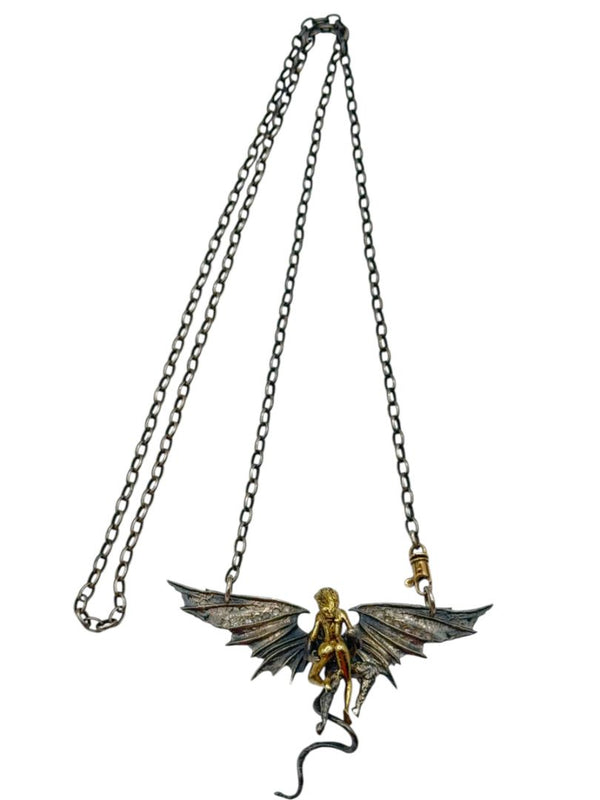 Alp Sagnak Angel & Devil Necklace with Spread Wings – 18K Gold, Oxidized Silver & Diamonds