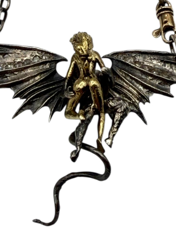 Alp Sagnak Angel & Devil Necklace with Spread Wings – 18K Gold, Oxidized Silver & Diamonds
