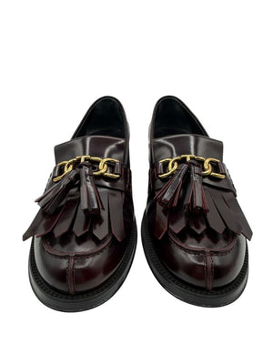 Tod’s Deep Burgundy Leather Tassel Loafers with Chain Detail – Size 39.5