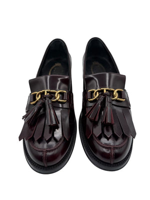 Tod’s Deep Burgundy Leather Tassel Loafers with Chain Detail – Size 39.5