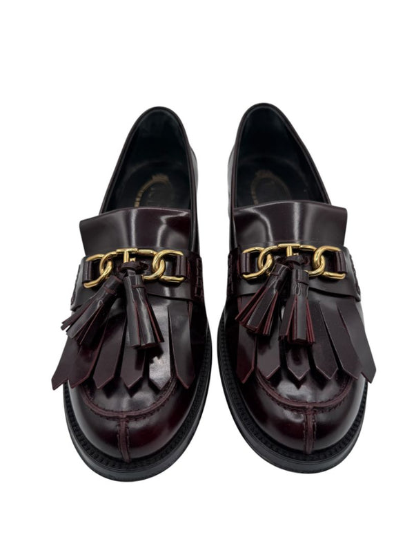 Tod’s Deep Burgundy Leather Tassel Loafers with Chain Detail – Size 39.5