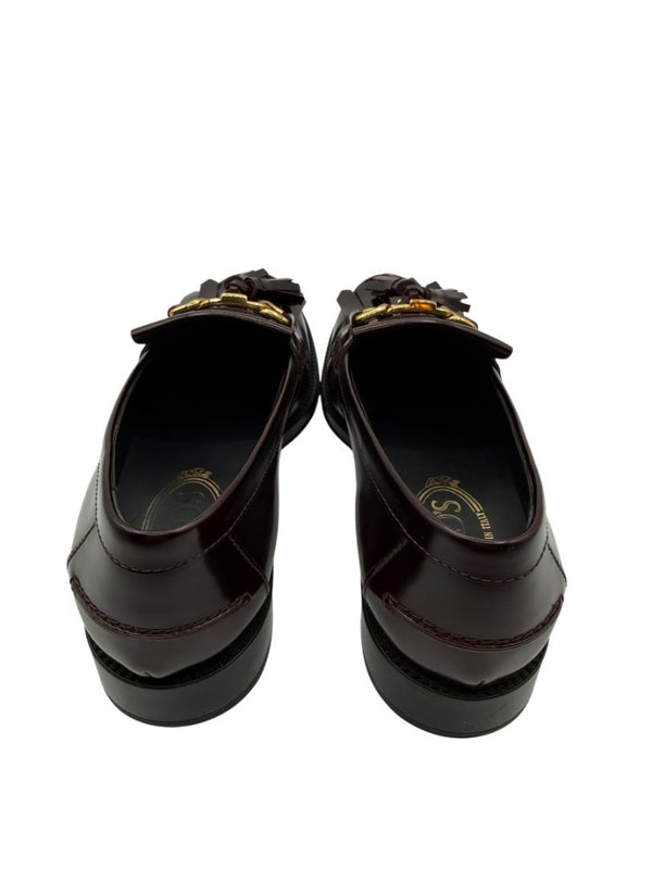 Tod’s Deep Burgundy Leather Tassel Loafers with Chain Detail – Size 39.5