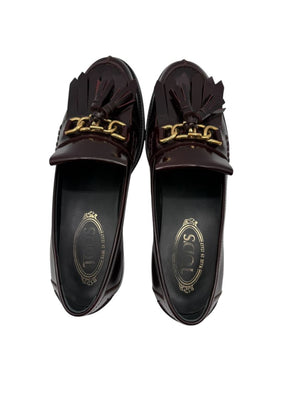 Tod’s Deep Burgundy Leather Tassel Loafers with Chain Detail – Size 39.5
