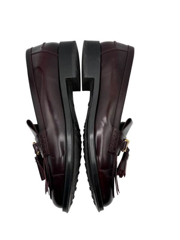 Tod’s Deep Burgundy Leather Tassel Loafers with Chain Detail – Size 39.5