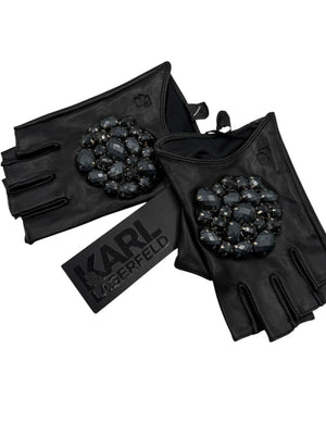 Karl Lagerfeld Embellished Fingerless Leather Gloves – Size S/M