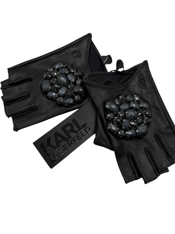 Karl Lagerfeld Embellished Fingerless Leather Gloves – Size S/M