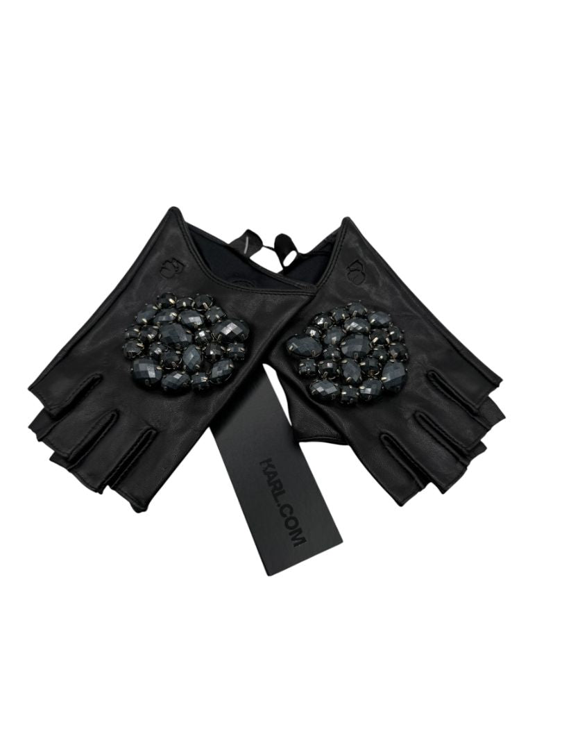 Karl Lagerfeld Embellished Fingerless Leather Gloves – Size S/M