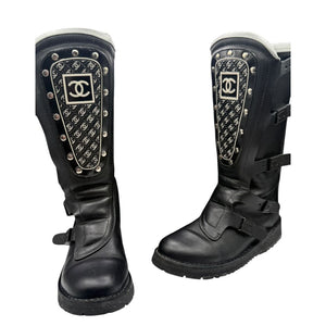 Chanel Black Leather CC Plaque Biker Boots – Runway Winter 2003 – Size EU 40