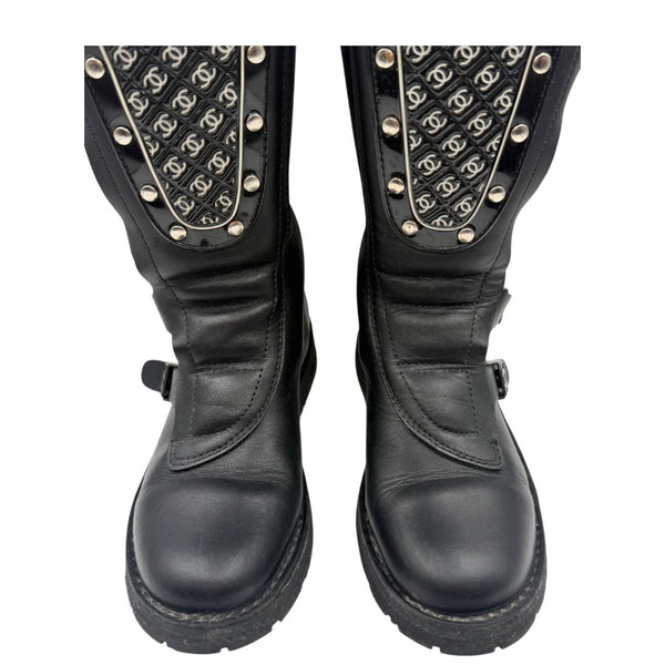 Chanel Black Leather CC Plaque Biker Boots – Runway Winter 2003 – Size EU 40