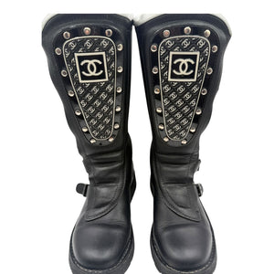 Chanel Black Leather CC Plaque Biker Boots – Runway Winter 2003 – Size EU 40