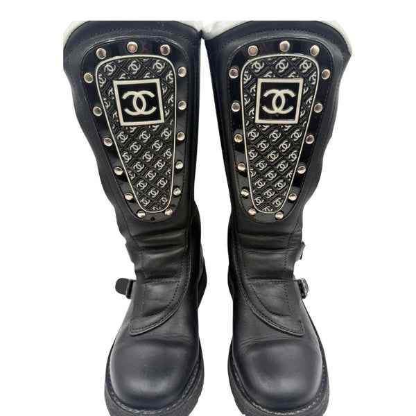 Chanel Black Leather CC Plaque Biker Boots – Runway Winter 2003 – Size EU 40