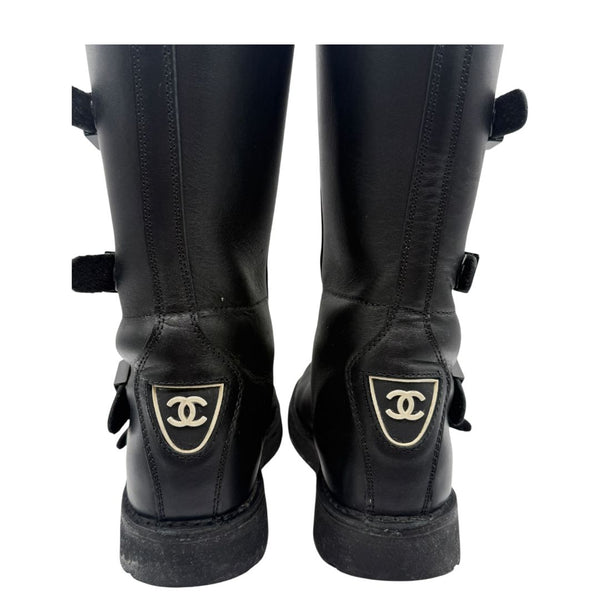 Chanel Black Leather CC Plaque Biker Boots – Runway Winter 2003 – Size EU 40