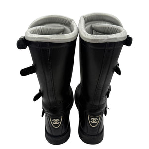 Chanel Black Leather CC Plaque Biker Boots – Runway Winter 2003 – Size EU 40