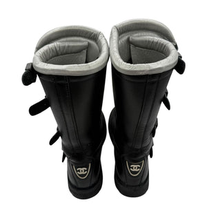 Chanel Black Leather CC Plaque Biker Boots – Runway Winter 2003 – Size EU 40
