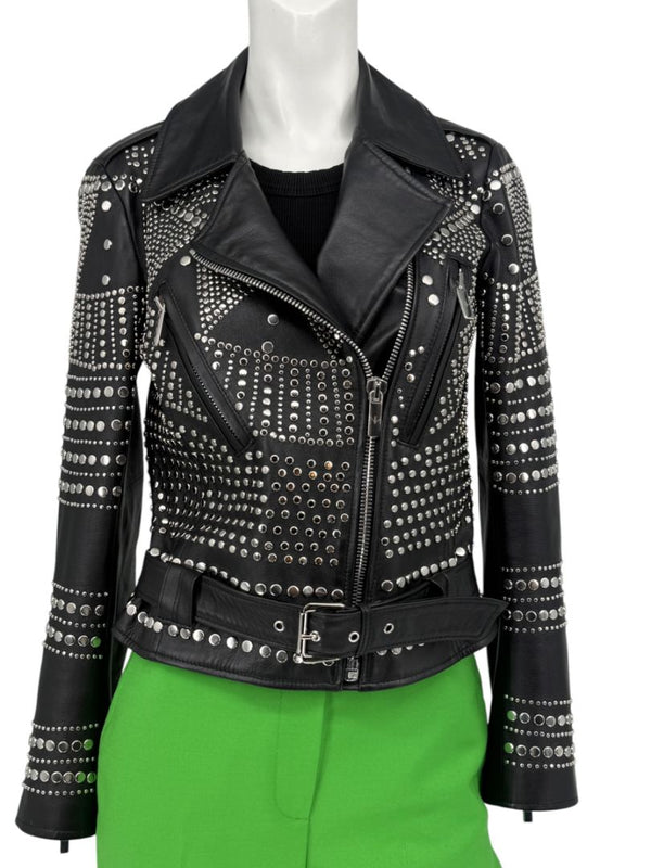 Nour Hammour Studded Lambskin Leather Biker Jacket - Size FR 36