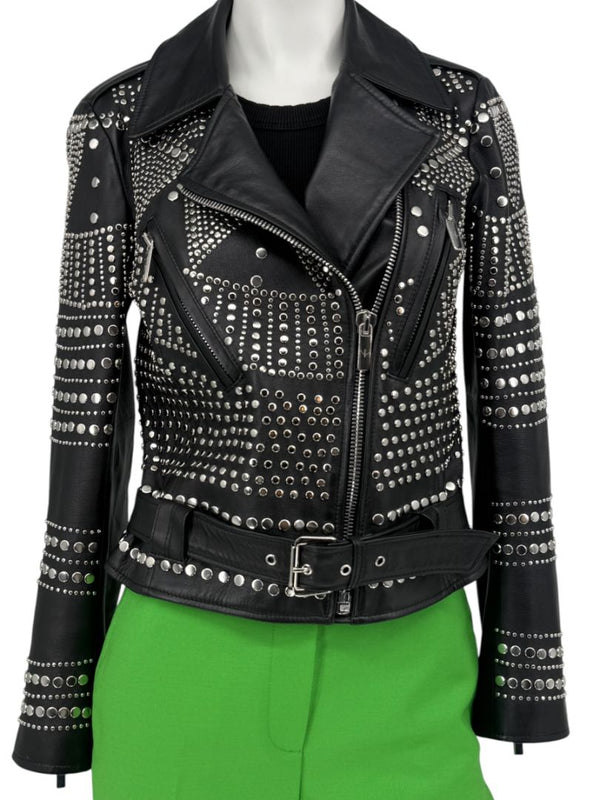 Nour Hammour Studded Lambskin Leather Biker Jacket - Size FR 36
