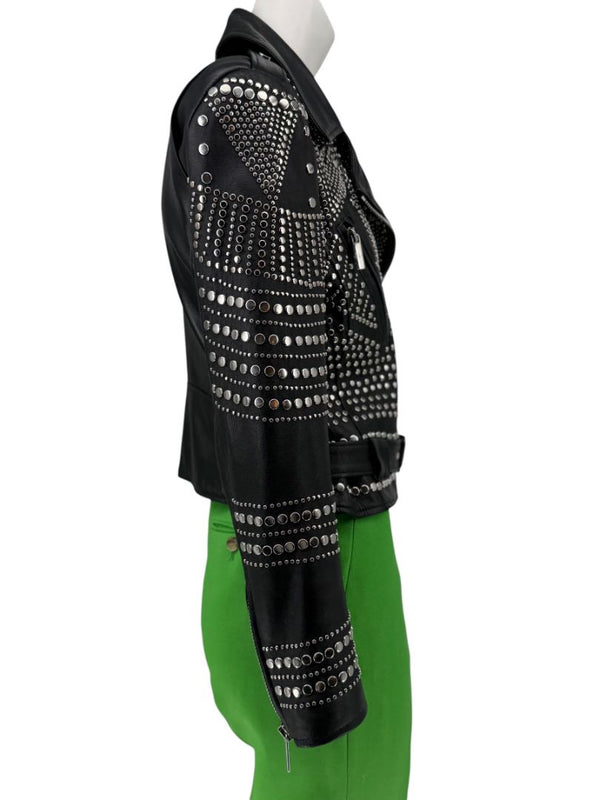 Nour Hammour Studded Lambskin Leather Biker Jacket - Size FR 36