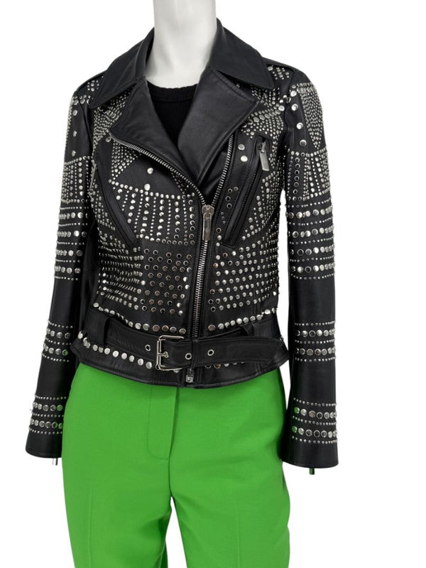 Nour Hammour Studded Lambskin Leather Biker Jacket - Size FR 36